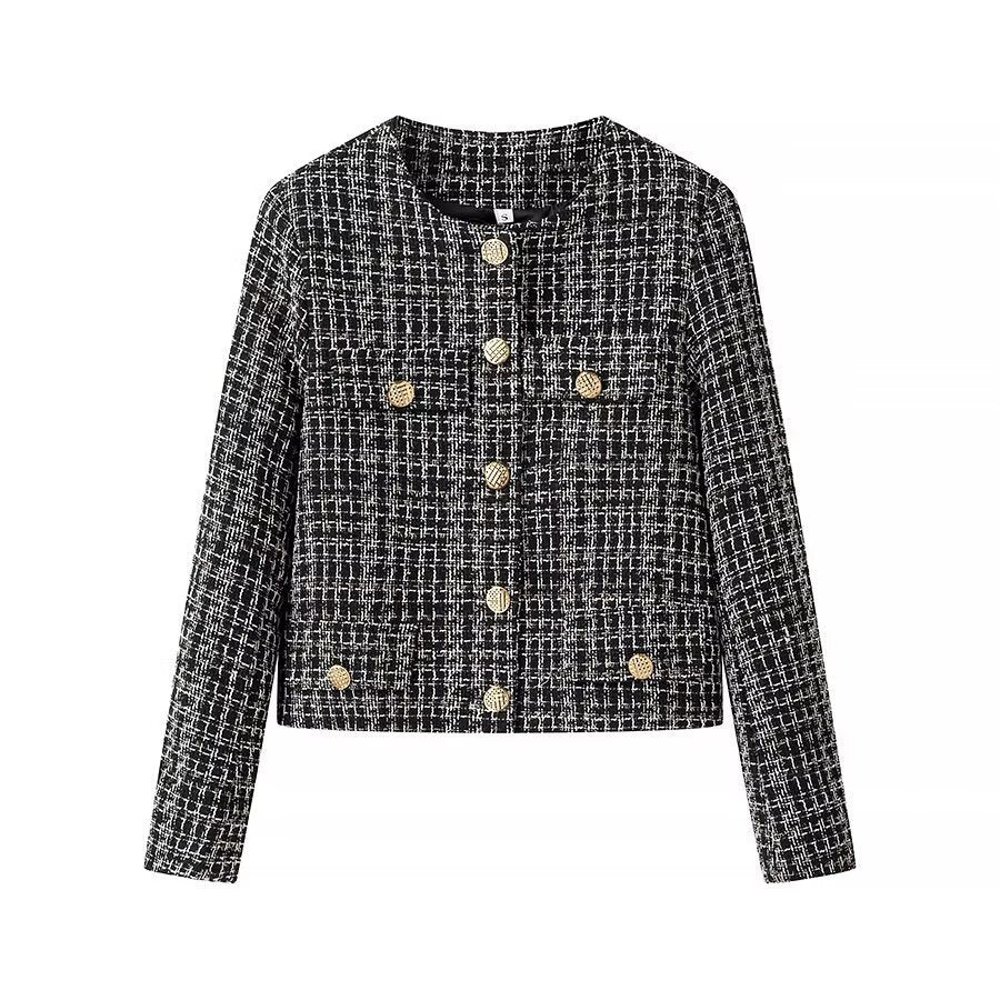 Women Short Boucle Tweed Jacket with Round Neck, Decorative Decorative Buttons and Patch Pockets