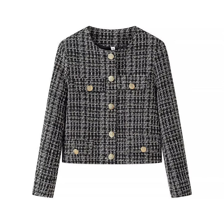 Women Short Boucle Tweed Jacket with Round Neck, Decorative Decorative Buttons and Patch Pockets