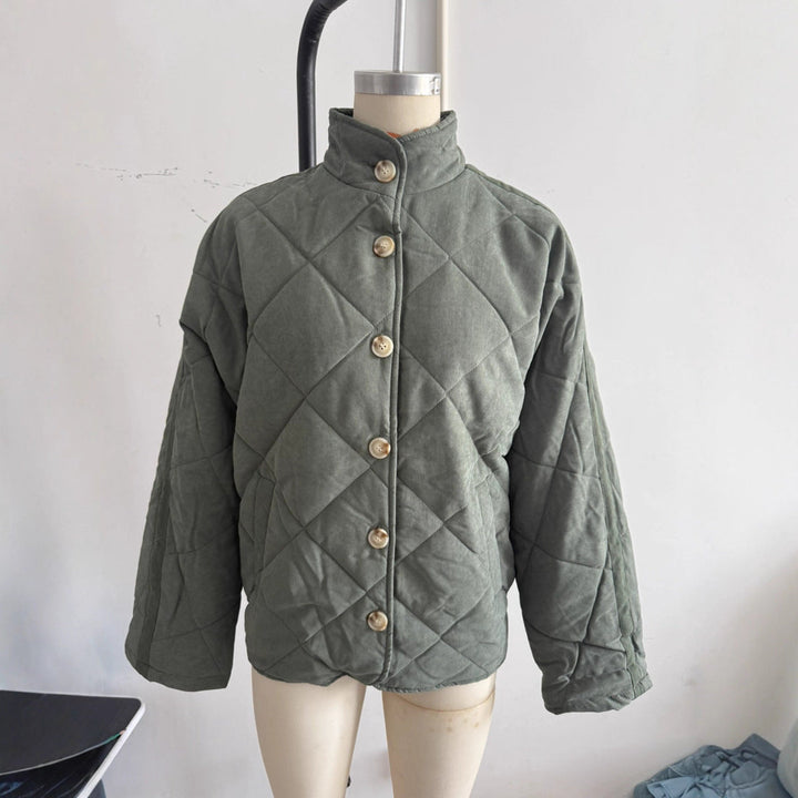 Women Padded Quilted Jacket with Stand-up Collar and Oversized Cut