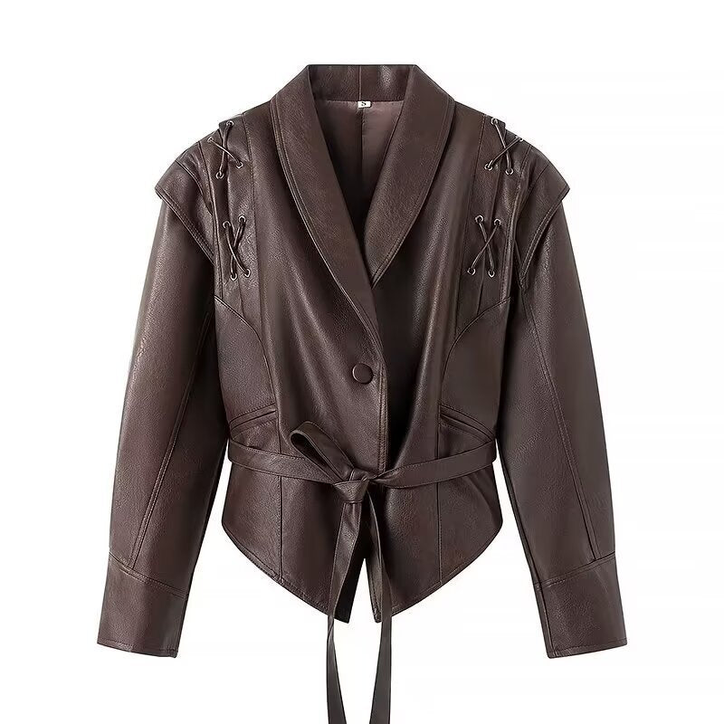 Women Short Blazer Leather Jacket with Shawl Collar, Waist Belt and Lacing Detail