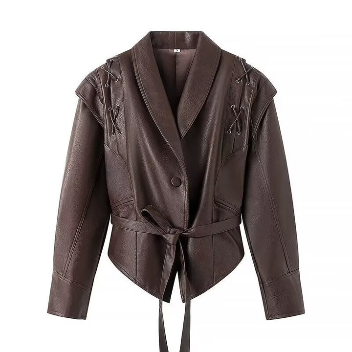 Women Short Blazer Leather Jacket with Shawl Collar, Waist Belt and Lacing Detail
