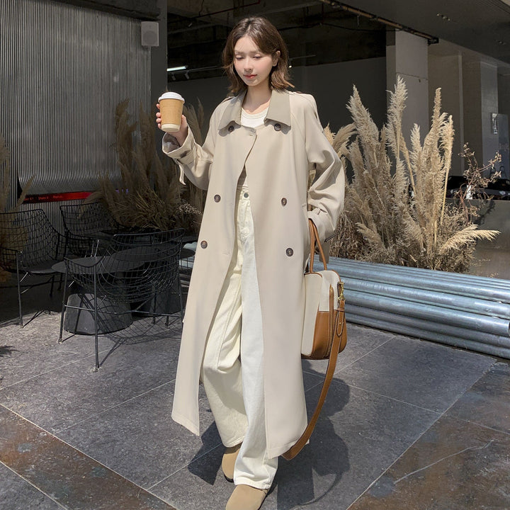 Women Long Cut Minimalist Trench Coat with Soft Autumn, Dropped Shoulders and Adjustable Sleeve Straps