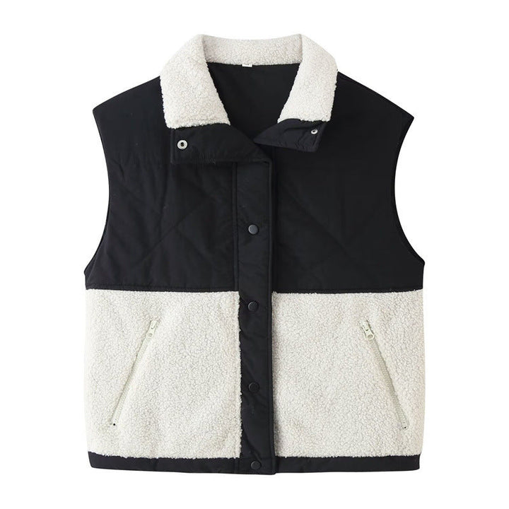 Ladies quilted vest with teddy fleece insert, stand-up collar and zip pockets