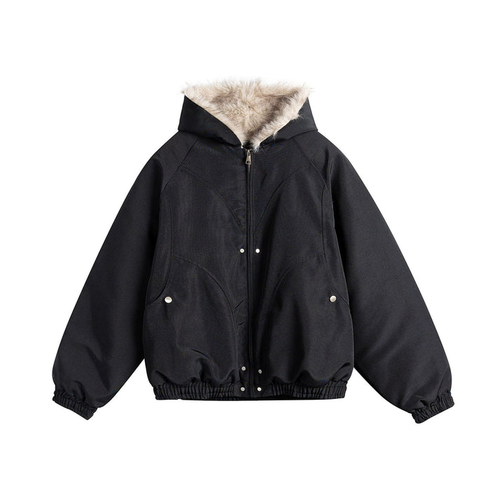 Women Short Cut Camouflage Transition Jacket with Faux Fur Hood and Elastic Hem