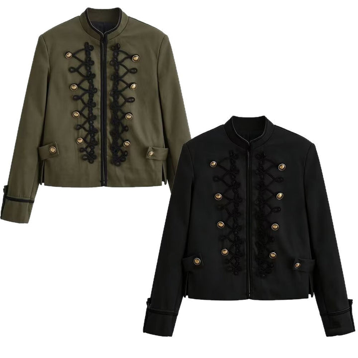 Women’s short military-style jacket with decorative cords and stand-up collar