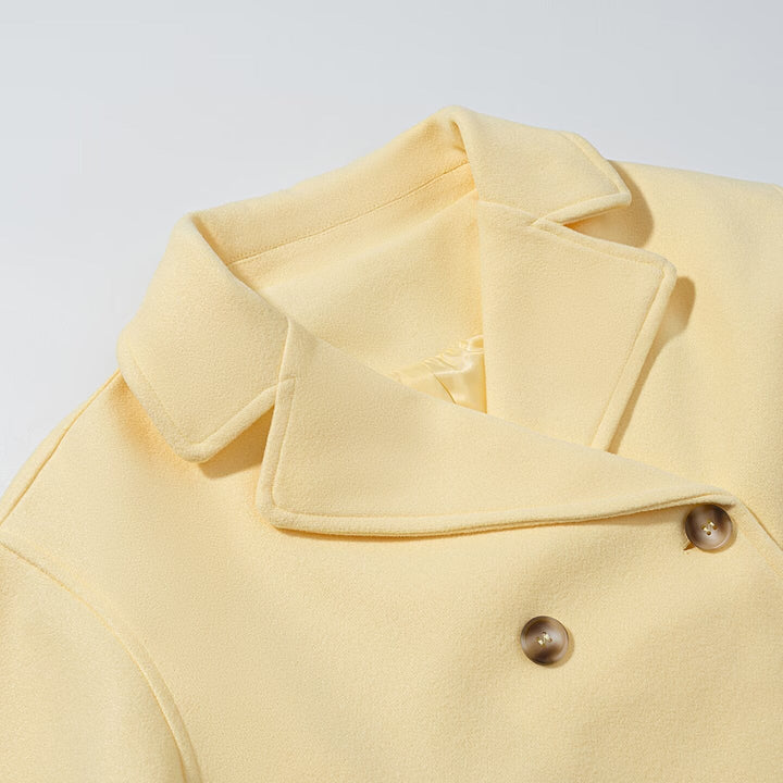 Women Short Boxy Peacoat in Wool Blend with Double-Breasted Button Placket and Piped Pockets