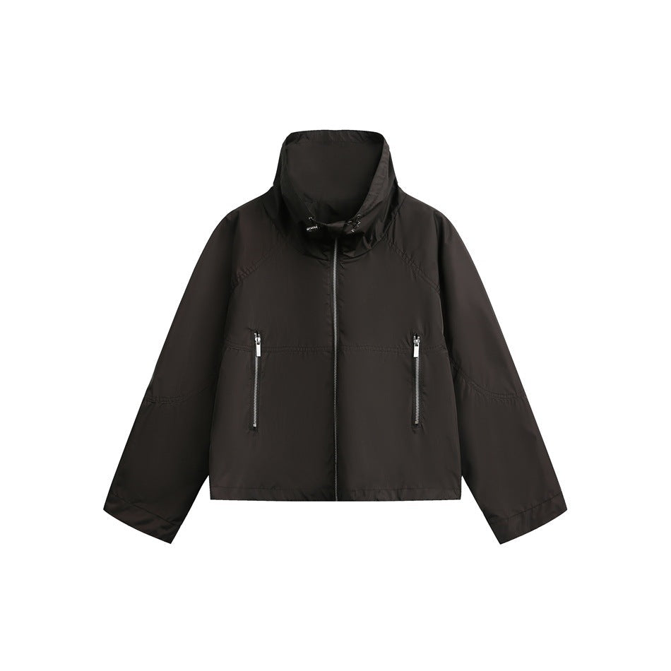 Women Lightweight Cropped Transition Jacket with High Stand Collar and Zip Pockets