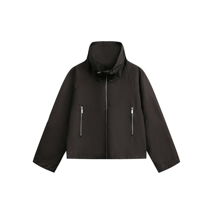 Women Lightweight Cropped Transition Jacket with High Stand Collar and Zip Pockets