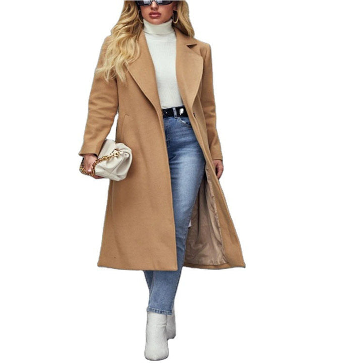 Women Maxilength Wool Blend Classic Coat with Minimalist Waist and Hidden Button Placket