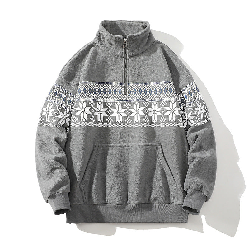 Unisex Norwegian pattern fleece jacket with stand-up collar, all-round zip and drawstring