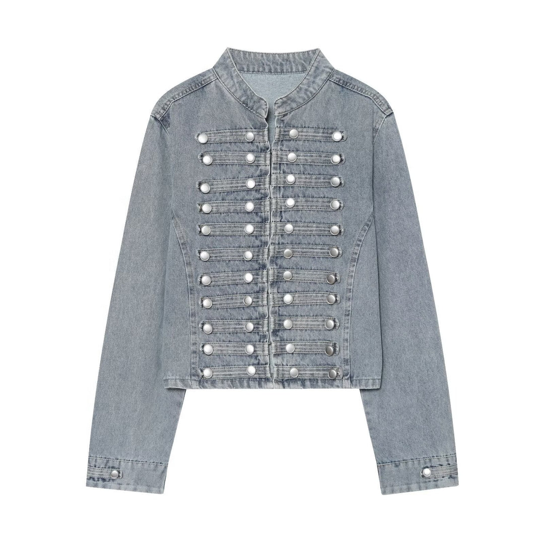 Ladies short cut denim jacket in military style with stand-up collar and decorative button rows