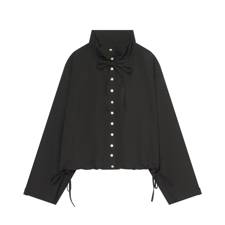 Women Cropped Oversized Utility Jacket with Stand Collar and Drawstring