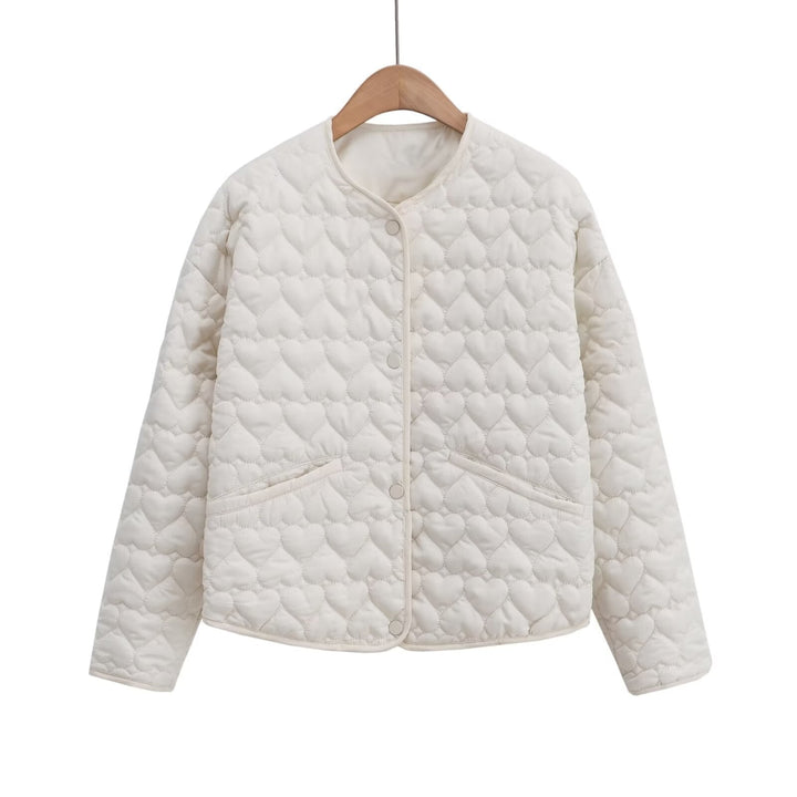 Women 100+ quilted short jacket with heart quilting, round neckline and snap buttons