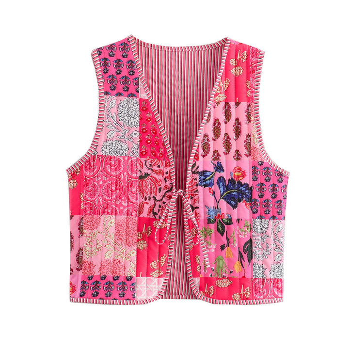 Ladies Quilted Waistcoat with Toile Print, Striped Lining and Drawstring