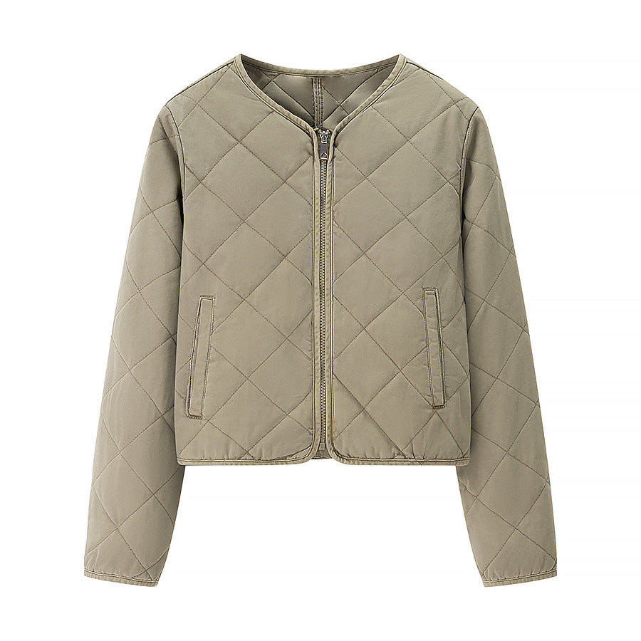 Women Light Quilted Short Jacket with Round Neck, Full Zip and Subtle Waist Length
