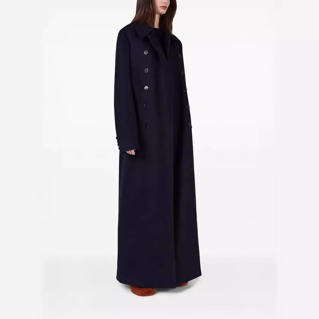 Women’s maximal long double-breasted wool coat with loose oversized fit