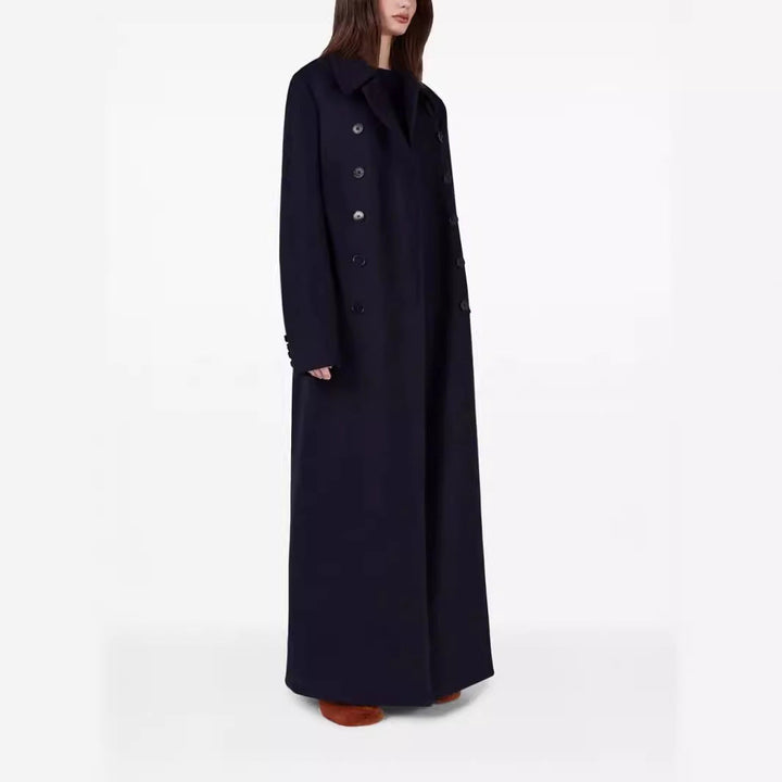 Women’s maximal long double-breasted wool coat with loose oversized fit
