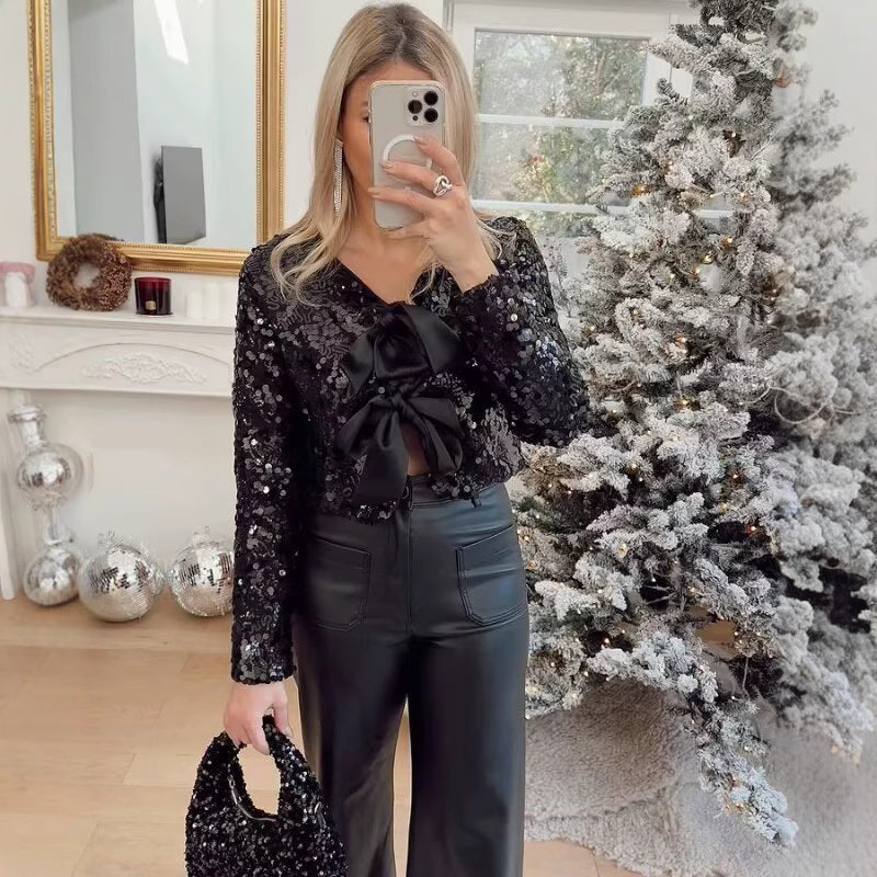 Women’s Short Jacket with Sequin Trim and Decorative Bow Front