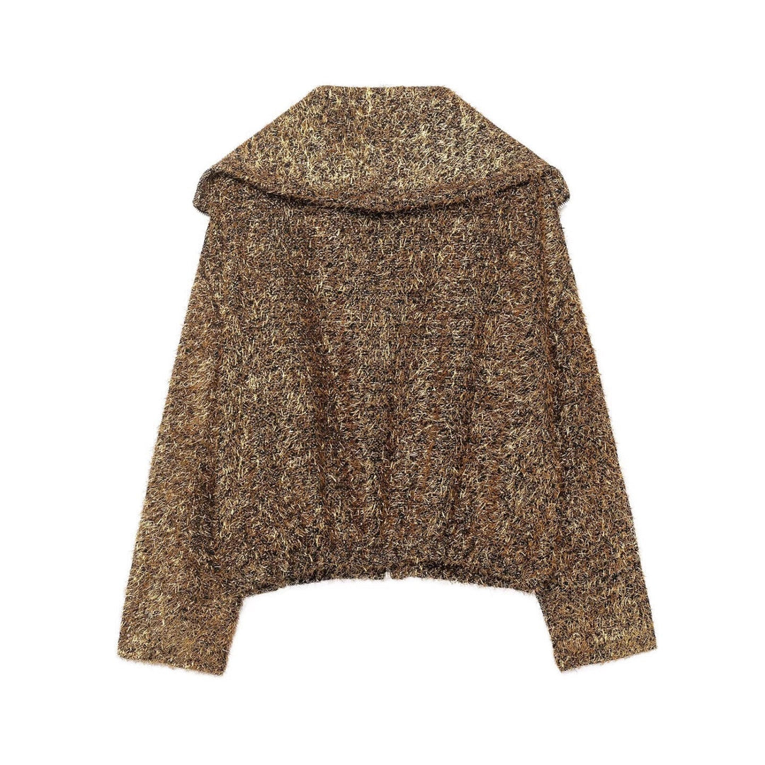 Ladies Glittering Boucle Zip Jacket with Wide Collar and Cropped Boxy Cut