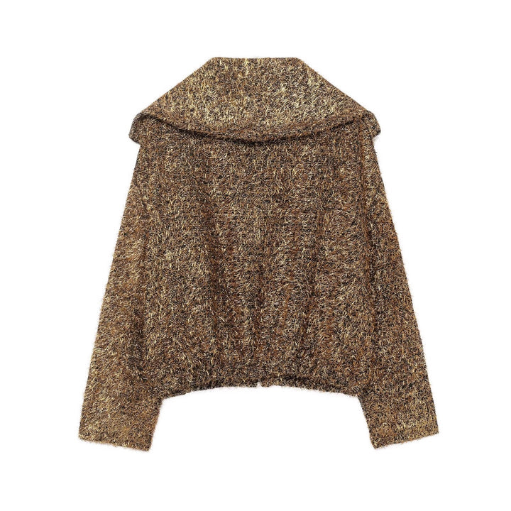 Ladies Glittering Boucle Zip Jacket with Wide Collar and Cropped Boxy Cut