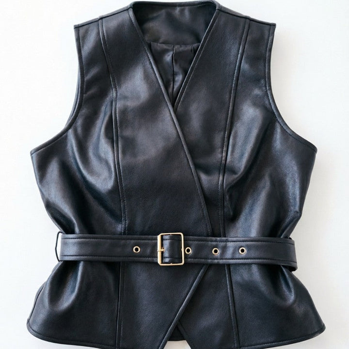 Women tailored sleeveless leather vest with belt and V-neck