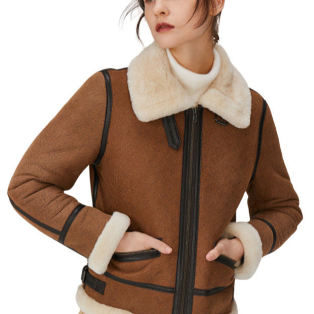 Women Short Cut Aviator Sheepskin Imitation Jacket with Teddy Lining and Faux Leather Trim