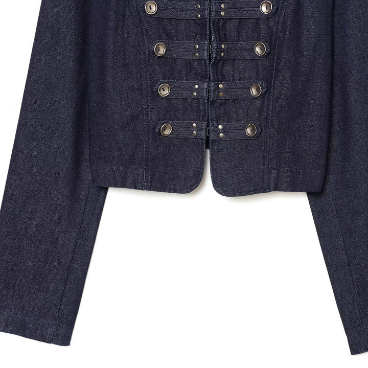 Women Cropped Denim Military Jacket with Stand-Up Collar and Decorative Button Placket