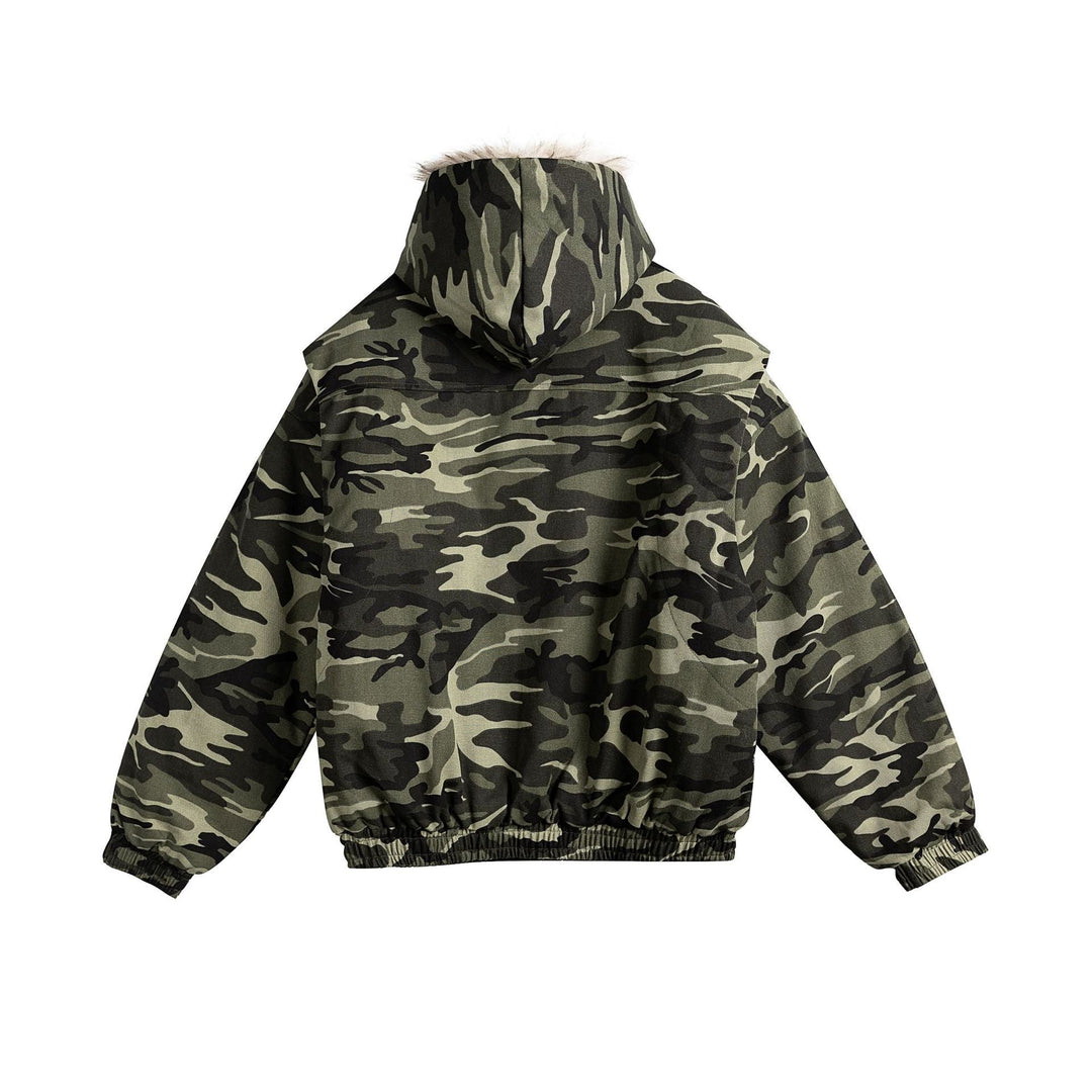 Women Short Cut Camouflage Transition Jacket with Faux Fur Hood and Elastic Hem