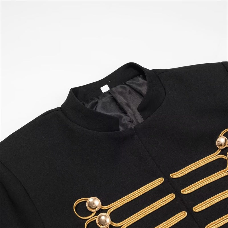 Women Military-Inspired Short Jacket with Stand-Up Collar and Golden Decorative Braid
