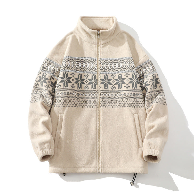 Unisex Norwegian pattern fleece jacket with stand-up collar, all-round zip and drawstring
