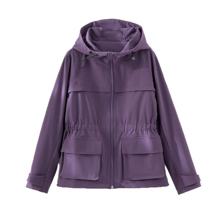 Women Lightweight Functional Utility Jacket with Hood, Drawstring Waist and Patch Flap Pockets