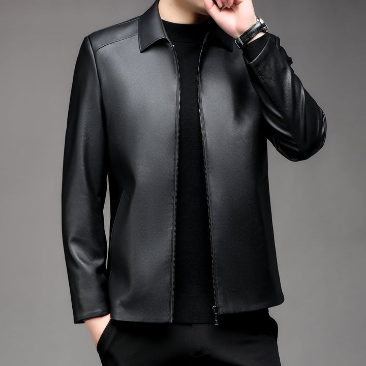Men Smooth Faux leather Zip Jacket with Shirt Collar and Slim Silhouette