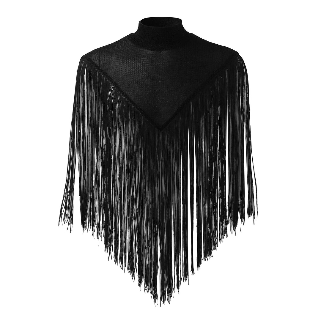 Ladies long fringed cape with turtleneck and V-shaped insert