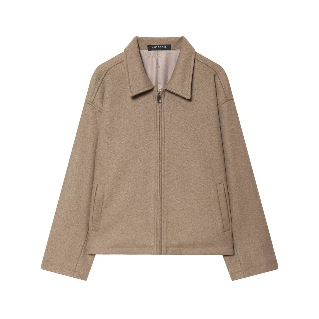 Women Boxy Wool Blend Blouson Jacket with Zip and Shirt Collar