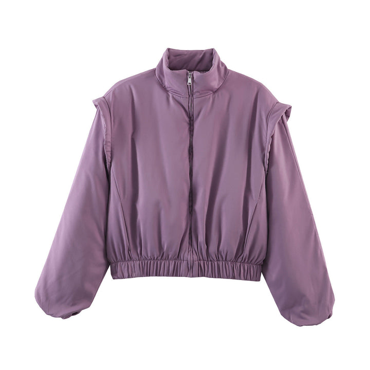 Women Short Cropped Puffer Jacket with Stand-up Collar, Zip, and Elastic Waist