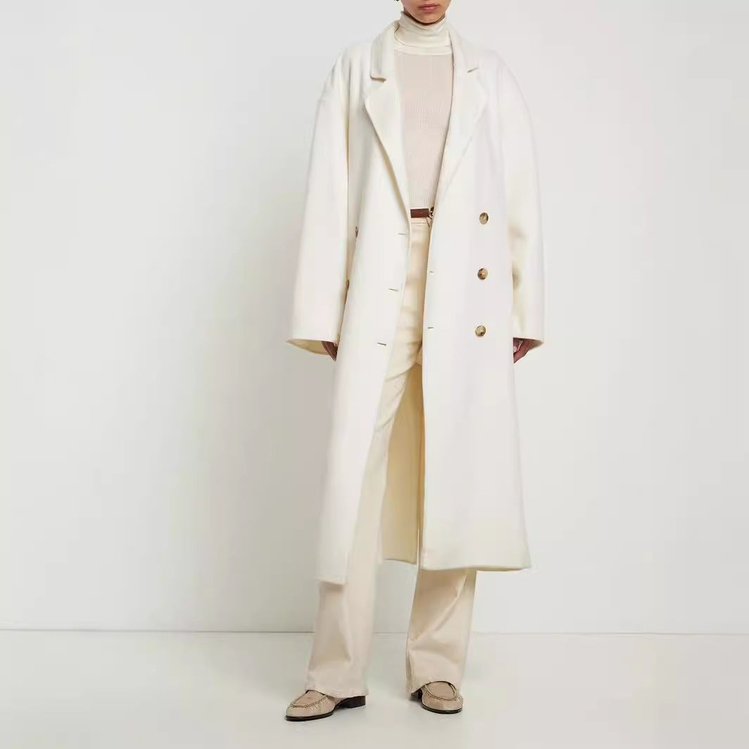 Women Oversize Double-breasted Long Coat with Dropped Shoulder Silhouette and Gold Decorative Buttons