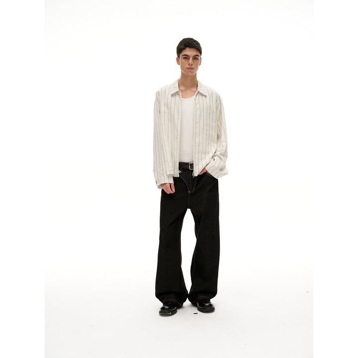 Unisex Lightweight Striped Overshirt Jacket with Shirt Collar and Concealed Zip