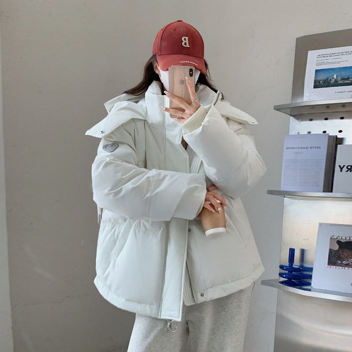 Women’s oversized quilted short jacket with hood, windproof lining and oversized collar