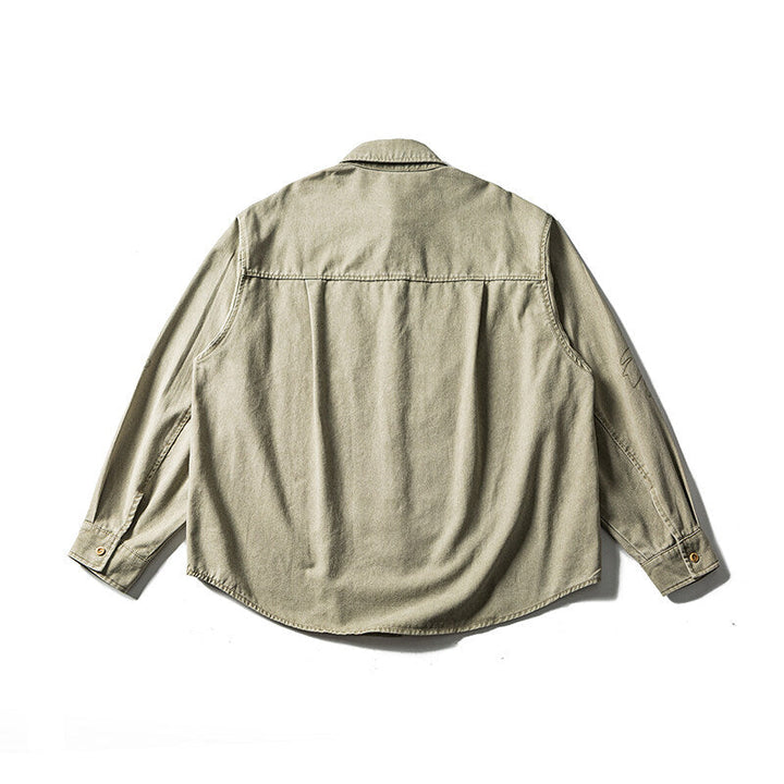 Unisex Oversized Shirt Jacket with Embroidered Leaf Motifs and Rounded Hem