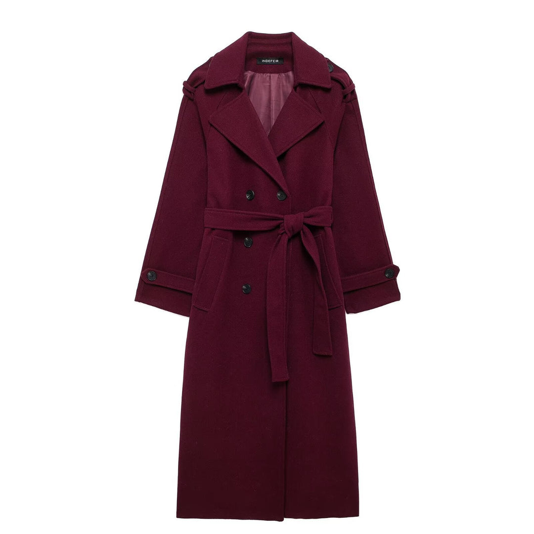Women Long Double-breasted Trench Coat with Belt and Shoulder Straps
