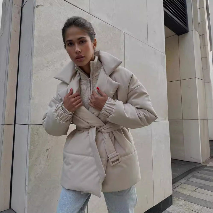 Women Padded Tailored Quilted Jacket with Belt and Hood