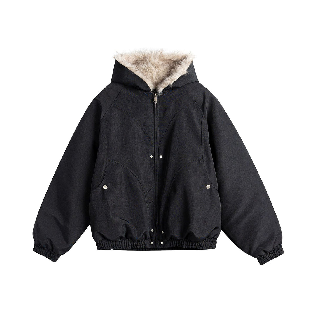 Women Short Cut Camouflage Transition Jacket with Faux Fur Hood and Elastic Hem