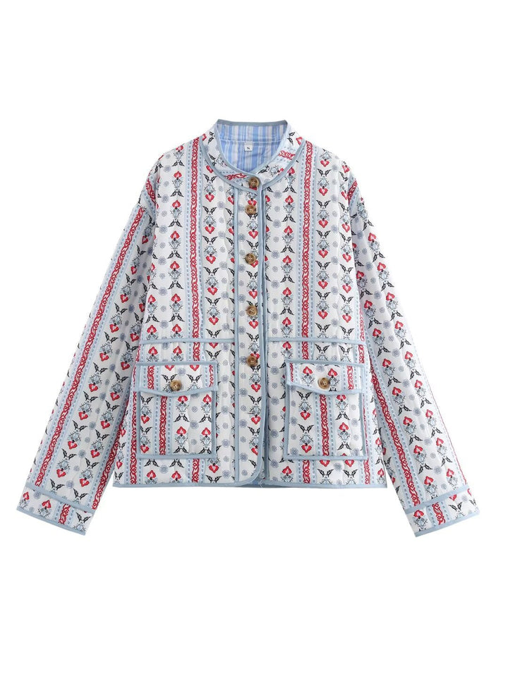 Ladies quilted short jacket with stand-up collar, patch pockets and fine ethnic print