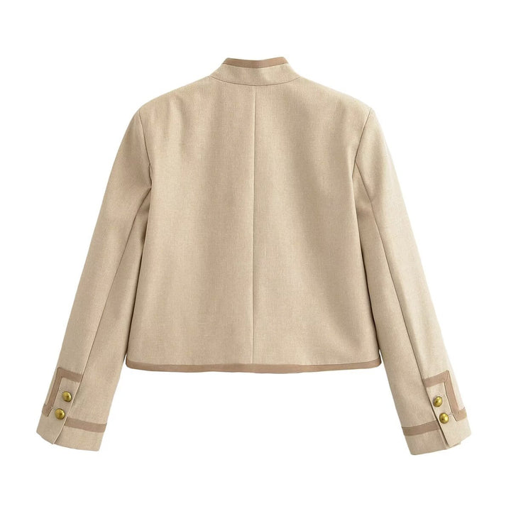 Women Short Military-Inspired Jacket with Stand Collar and Decorative Toggle Closure
