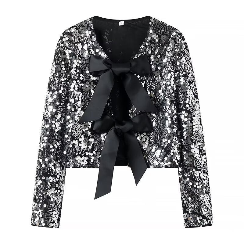 Women’s Short Jacket with Sequin Trim and Decorative Bow Front