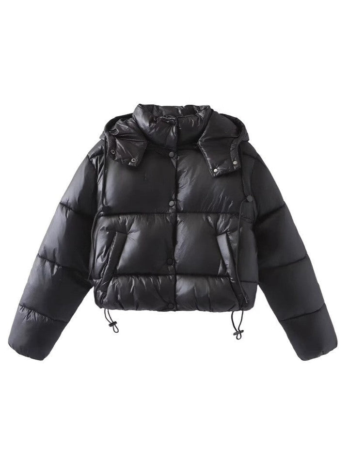 Women Shiny Cropped Puffer Jacket with Drawstring and Snap Button Placket