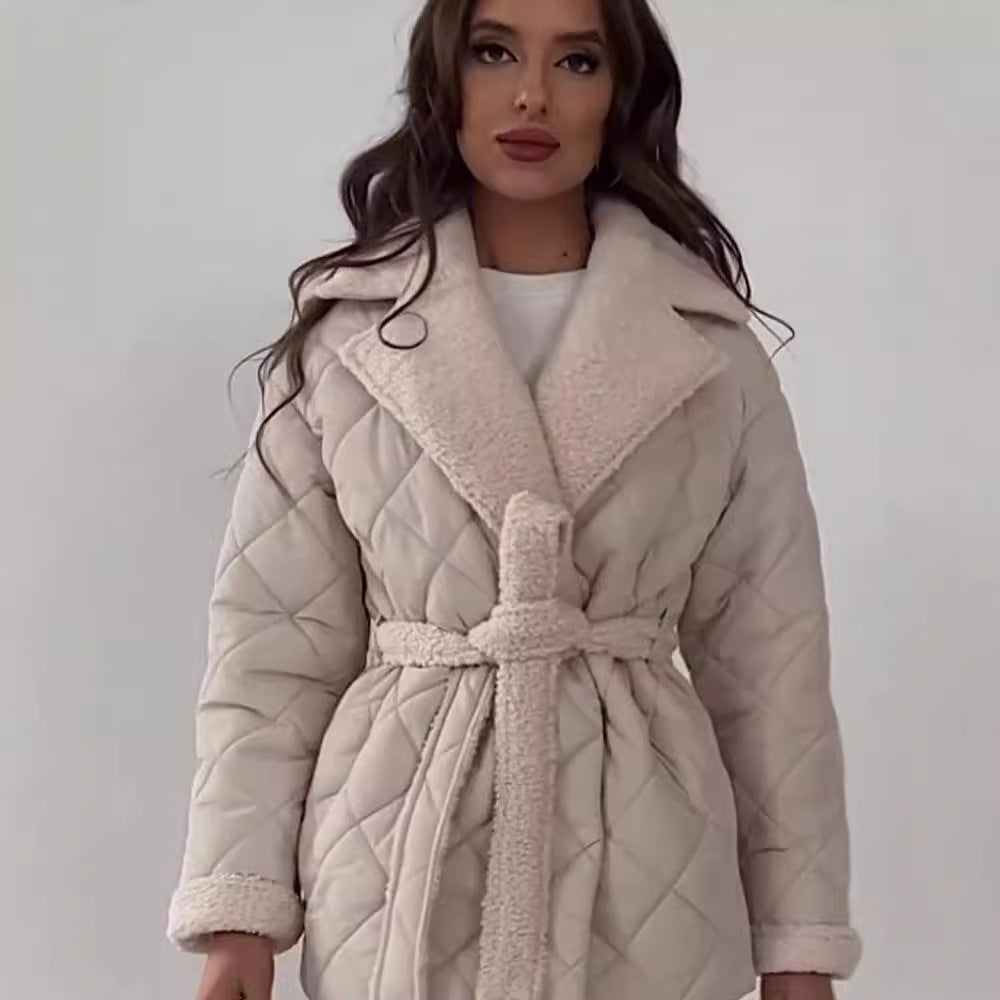 Women’s quilted jacket with teddy lining, fitted belt and large shawl collar