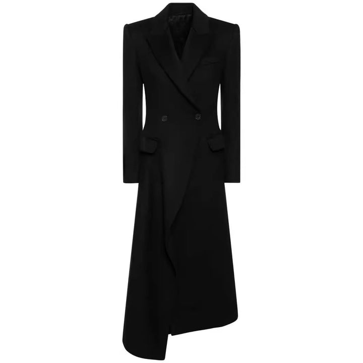 Women Maxilength Asymmetrical Double-breasted Blazer-Coat with Emphasized Shoulder