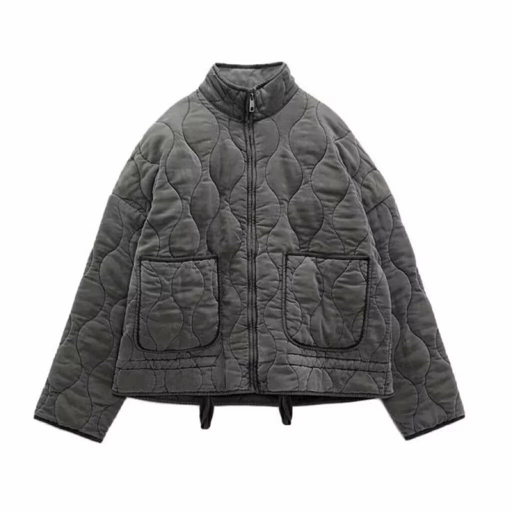 Women quilted jacket with stand-up collar and patch pockets
