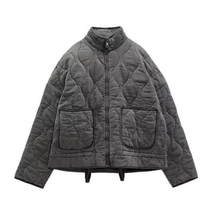 Women quilted jacket with stand-up collar and patch pockets